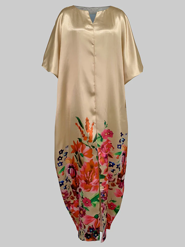 A-Line Half Sleeves Elasticity Flower Print Split-Front V-Neck Maxi Dresses - Image 4