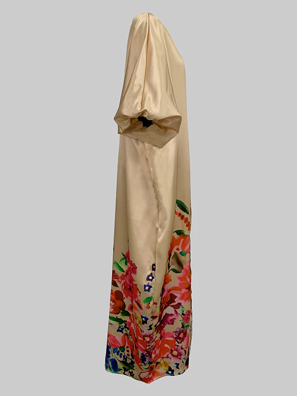 A-Line Half Sleeves Elasticity Flower Print Split-Front V-Neck Maxi Dresses - Image 5
