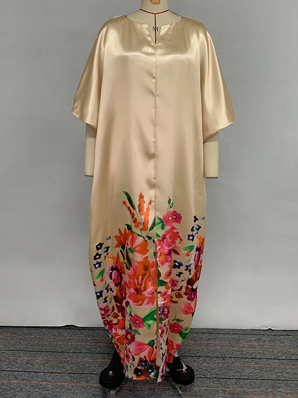 A-Line Half Sleeves Elasticity Flower Print Split-Front V-Neck Maxi Dresses - Image 7