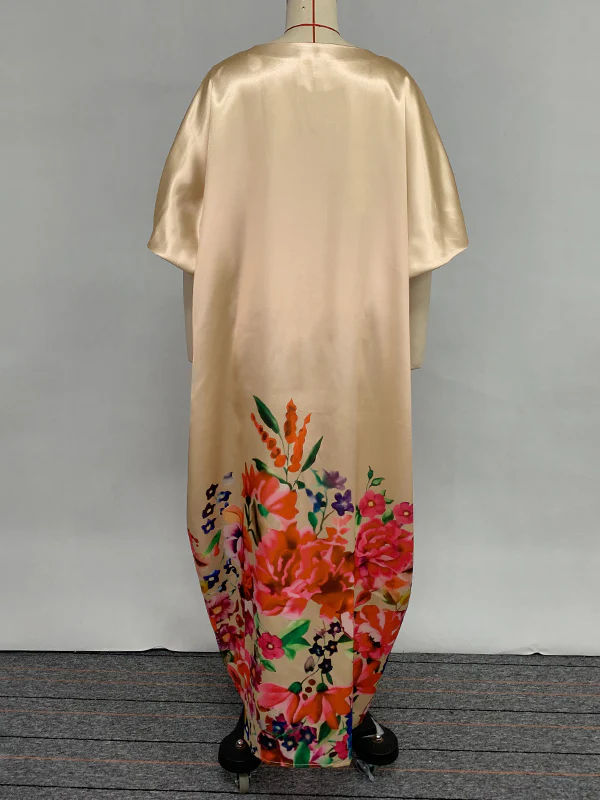A-Line Half Sleeves Elasticity Flower Print Split-Front V-Neck Maxi Dresses - Image 9