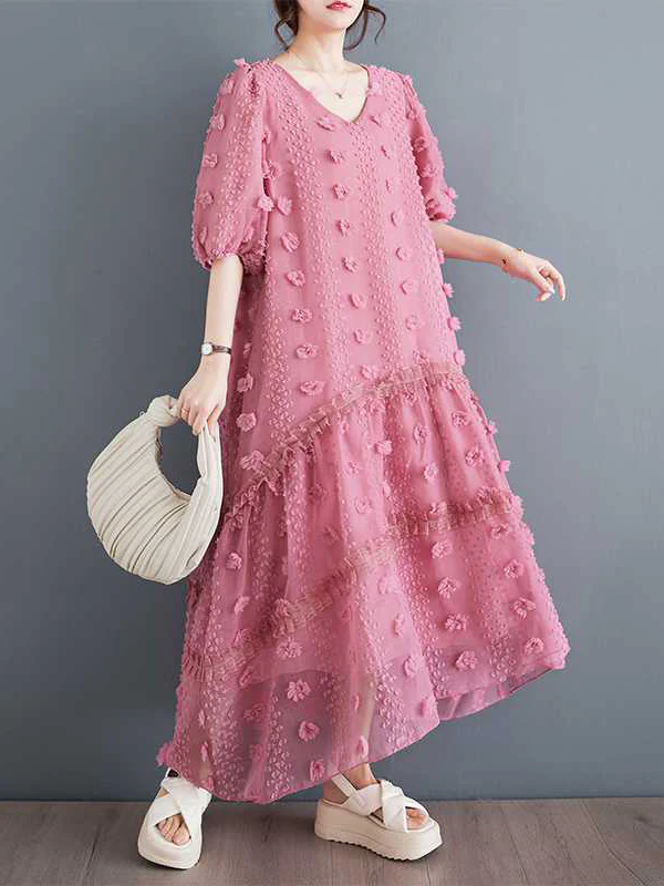 A-Line Half Sleeves Elasticity Jacquard Solid Color Split-Joint V-Neck Midi Dresses - Image 10