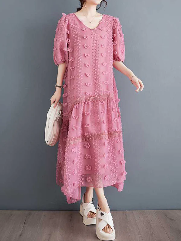 A-Line Half Sleeves Elasticity Jacquard Solid Color Split-Joint V-Neck Midi Dresses - Image 11