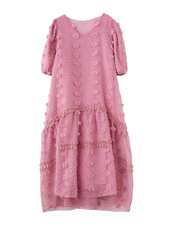 A-Line Half Sleeves Elasticity Jacquard Solid Color Split-Joint V-Neck Midi Dresses - Image 13