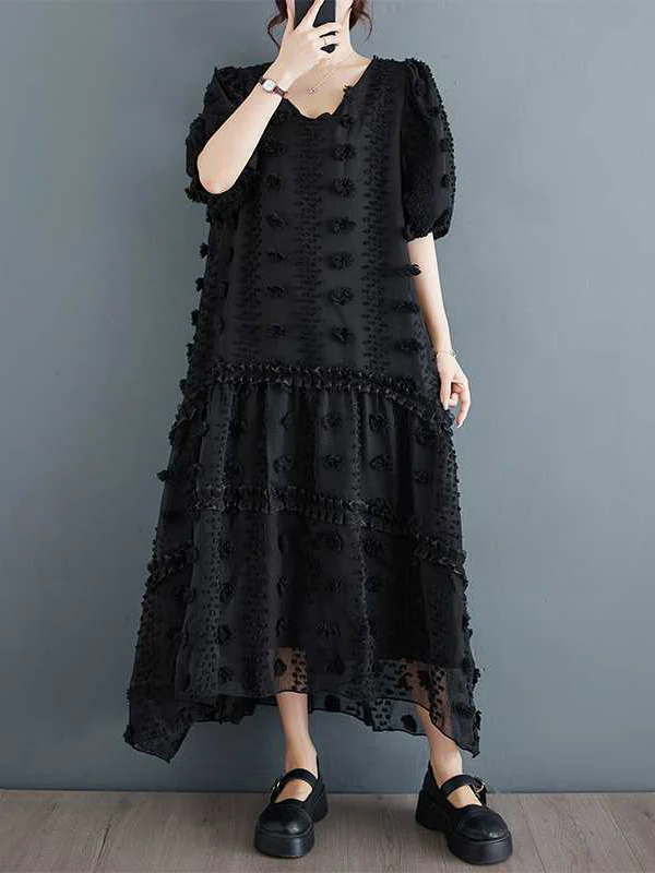 A-Line Half Sleeves Elasticity Jacquard Solid Color Split-Joint V-Neck Midi Dresses - Image 2