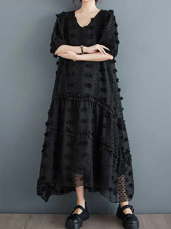 A-Line Half Sleeves Elasticity Jacquard Solid Color Split-Joint V-Neck Midi Dresses - Image 3