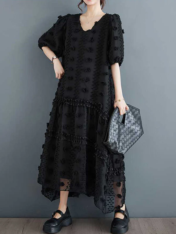 A-Line Half Sleeves Elasticity Jacquard Solid Color Split-Joint V-Neck Midi Dresses - Image 4