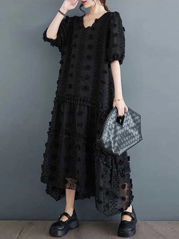 A-Line Half Sleeves Elasticity Jacquard Solid Color Split-Joint V-Neck Midi Dresses - Image 5