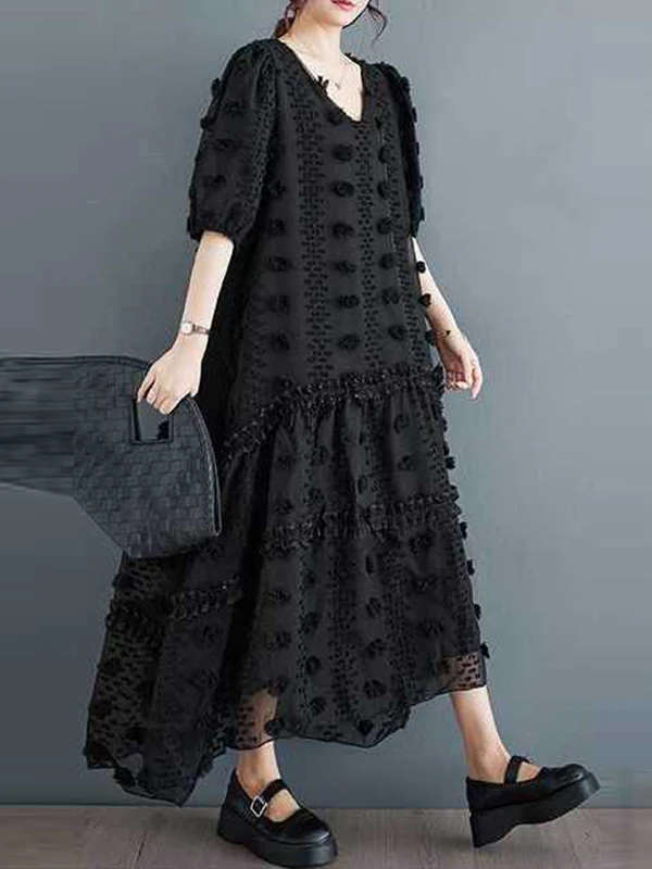 A-Line Half Sleeves Elasticity Jacquard Solid Color Split-Joint V-Neck Midi Dresses - Image 6