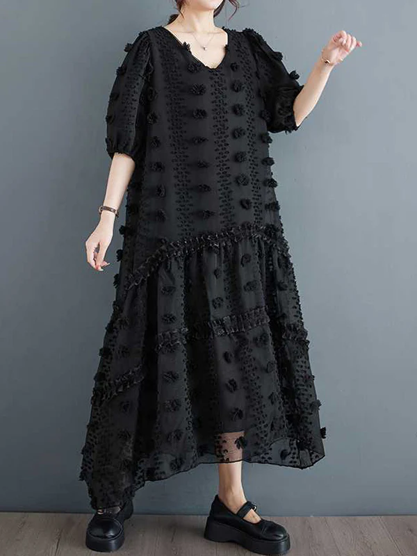 A-Line Half Sleeves Elasticity Jacquard Solid Color Split-Joint V-Neck Midi Dresses - Image 7