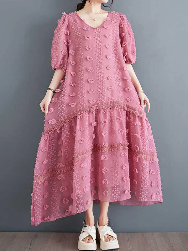 A-Line Half Sleeves Elasticity Jacquard Solid Color Split-Joint V-Neck Midi Dresses - Image 8
