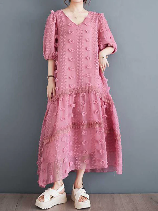 A-Line Half Sleeves Elasticity Jacquard Solid Color Split-Joint V-Neck Midi Dresses - Image 9