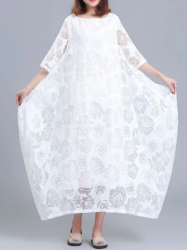 A-Line Half Sleeves Flower Print See-Through Solid Color Round-Neck Midi Dresses
