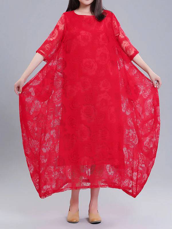 A-Line Half Sleeves Flower Print See-Through Solid Color Round-Neck Midi Dresses - Image 2