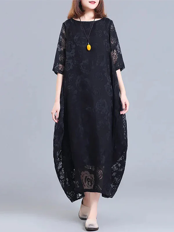 A-Line Half Sleeves Flower Print See-Through Solid Color Round-Neck Midi Dresses - Image 3