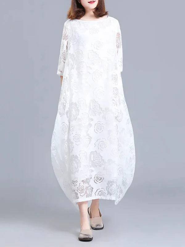 A-Line Half Sleeves Flower Print See-Through Solid Color Round-Neck Midi Dresses - Image 4