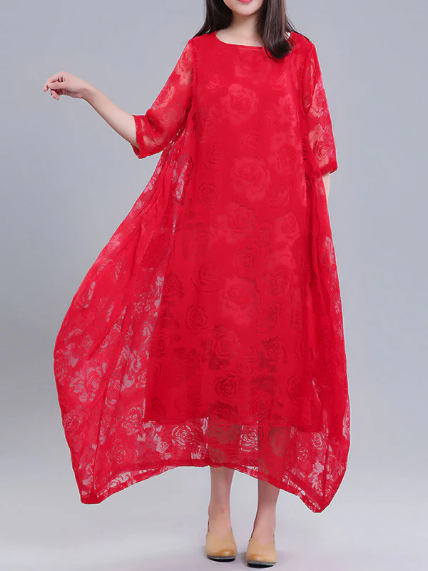 A-Line Half Sleeves Flower Print See-Through Solid Color Round-Neck Midi Dresses - Image 5