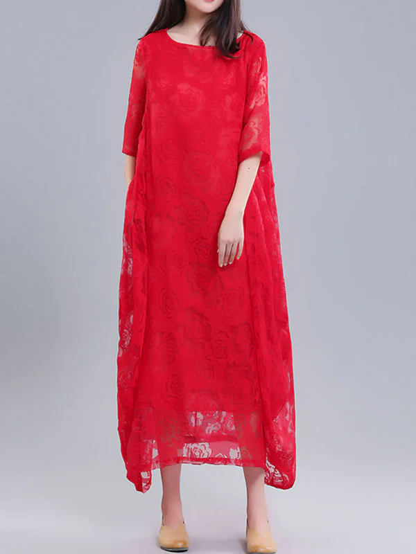 A-Line Half Sleeves Flower Print See-Through Solid Color Round-Neck Midi Dresses - Image 6