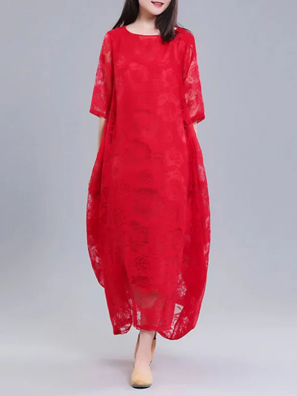 A-Line Half Sleeves Flower Print See-Through Solid Color Round-Neck Midi Dresses - Image 7