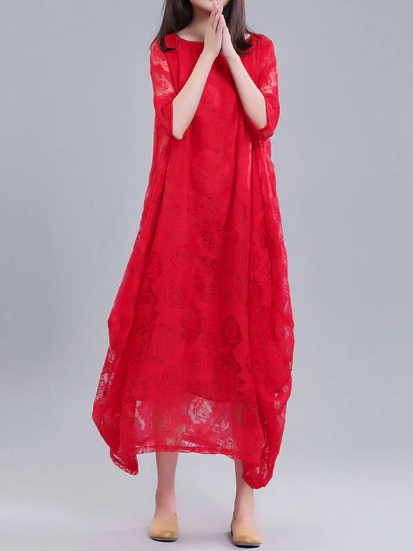 A-Line Half Sleeves Flower Print See-Through Solid Color Round-Neck Midi Dresses - Image 8