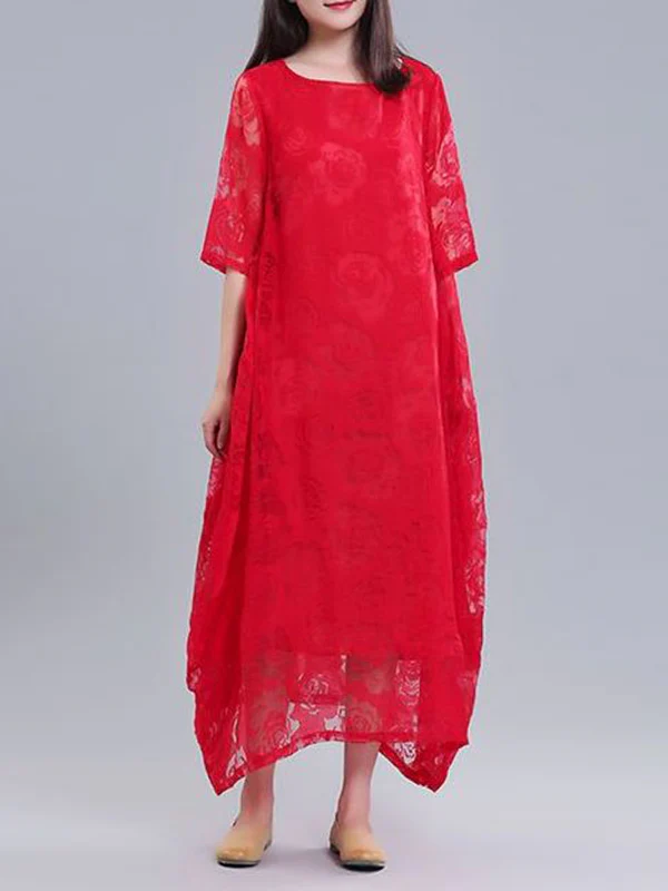 A-Line Half Sleeves Flower Print See-Through Solid Color Round-Neck Midi Dresses - Image 9