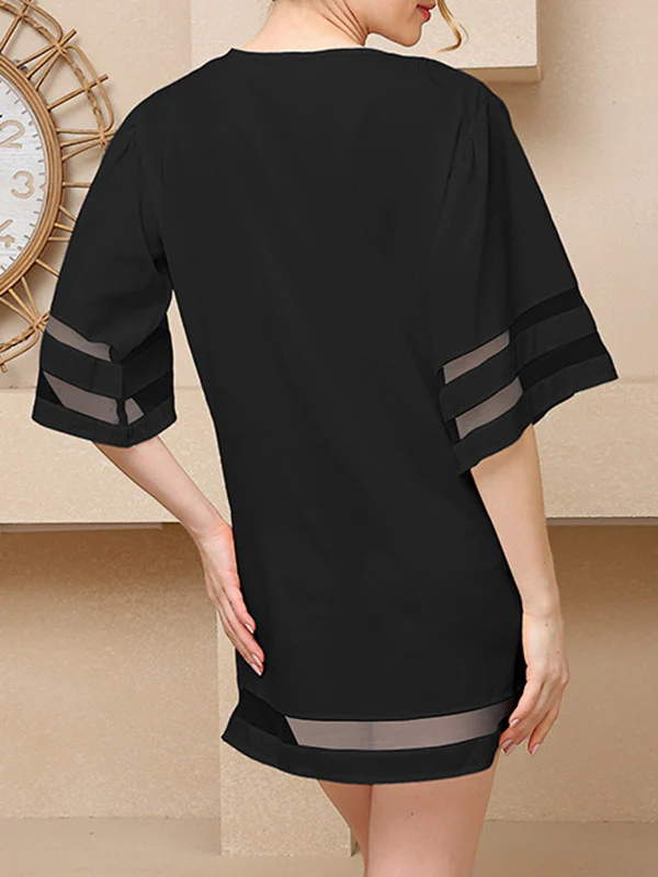 A-Line Half Sleeves Mesh Solid Color Split-Joint Round-Neck Mini Dresses - Image 4
