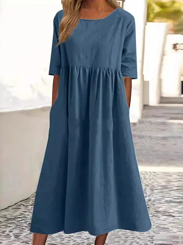 A-Line Half Sleeves Pleated Pockets Solid Color Round-Neck Midi Dresses - Image 2