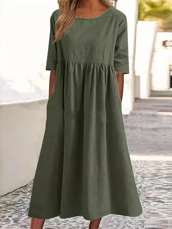 A-Line Half Sleeves Pleated Pockets Solid Color Round-Neck Midi Dresses - Image 3