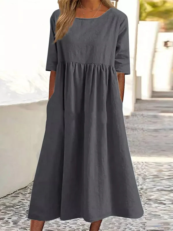 A-Line Half Sleeves Pleated Pockets Solid Color Round-Neck Midi Dresses - Image 4
