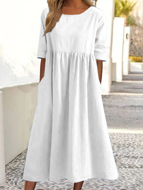 A-Line Half Sleeves Pleated Pockets Solid Color Round-Neck Midi Dresses - Image 5