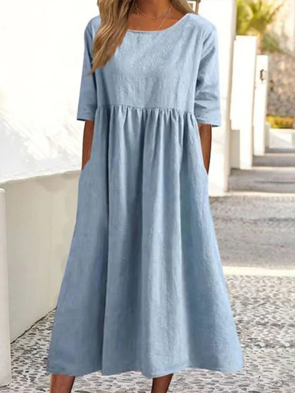 A-Line Half Sleeves Pleated Pockets Solid Color Round-Neck Midi Dresses - Image 6