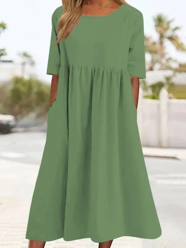 A-Line Half Sleeves Pleated Pockets Solid Color Round-Neck Midi Dresses - Image 7