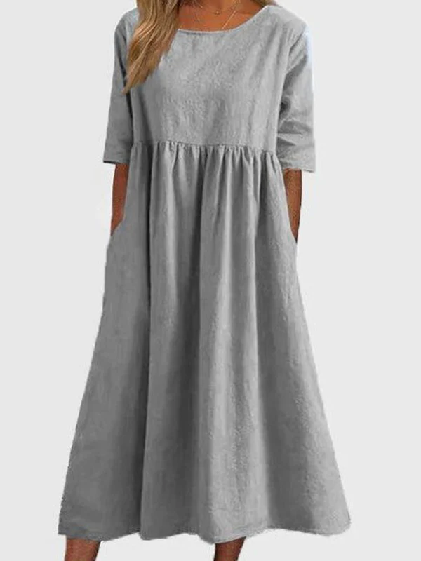 A-Line Half Sleeves Pleated Pockets Solid Color Round-Neck Midi Dresses - Image 8
