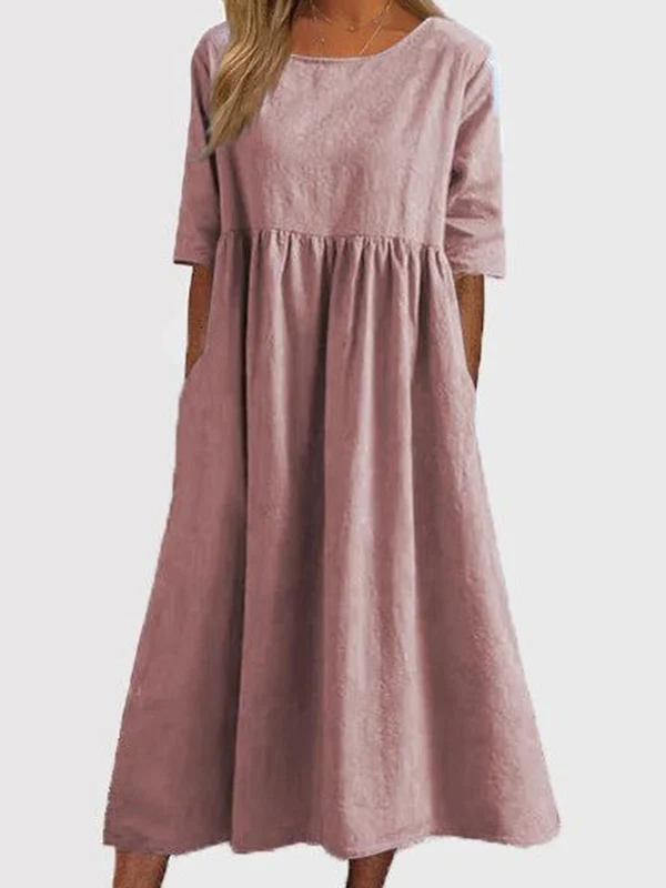 A-Line Half Sleeves Pleated Pockets Solid Color Round-Neck Midi Dresses - Image 9