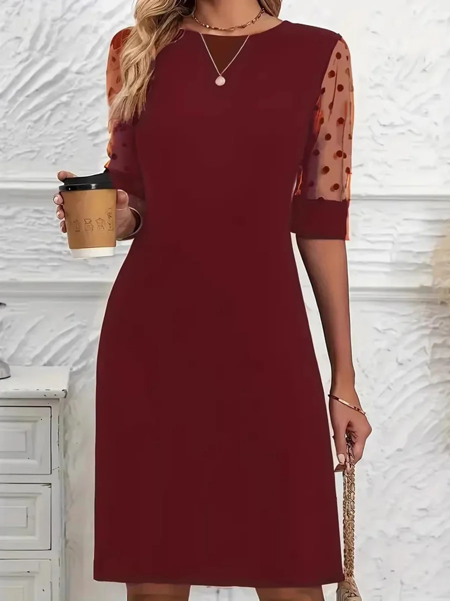 A-Line Half Sleeves Polka-Dot See-Through Solid Color Split-Joint Round-Neck Mini Dresses - Image 2