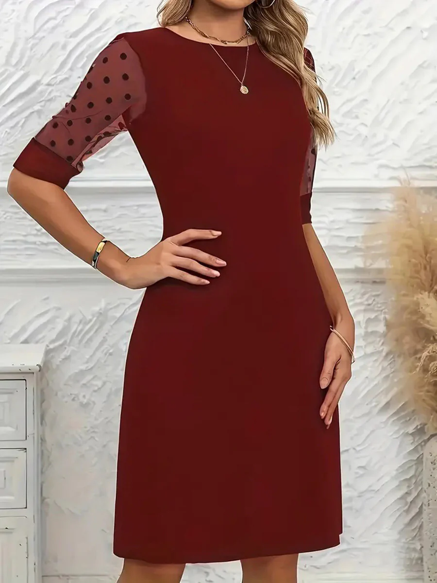 A-Line Half Sleeves Polka-Dot See-Through Solid Color Split-Joint Round-Neck Mini Dresses - Image 3