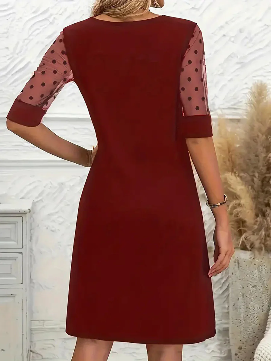 A-Line Half Sleeves Polka-Dot See-Through Solid Color Split-Joint Round-Neck Mini Dresses - Image 4