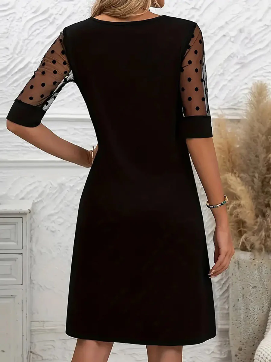 A-Line Half Sleeves Polka-Dot See-Through Solid Color Split-Joint Round-Neck Mini Dresses - Image 6