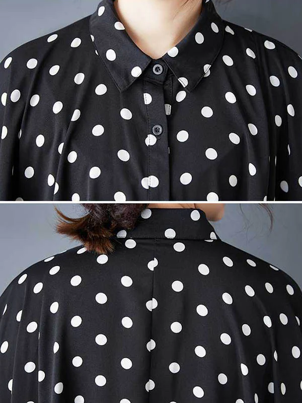 A-Line High-Low Asymmetric Buttoned Polka-Dot Lapel Midi Dresses Shirt Dress - Image 10