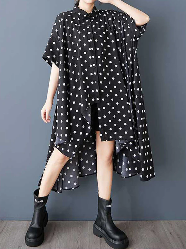 A-Line High-Low Asymmetric Buttoned Polka-Dot Lapel Midi Dresses Shirt Dress - Image 2