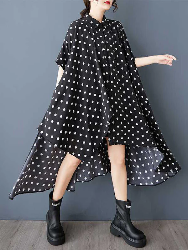 A-Line High-Low Asymmetric Buttoned Polka-Dot Lapel Midi Dresses Shirt Dress - Image 3