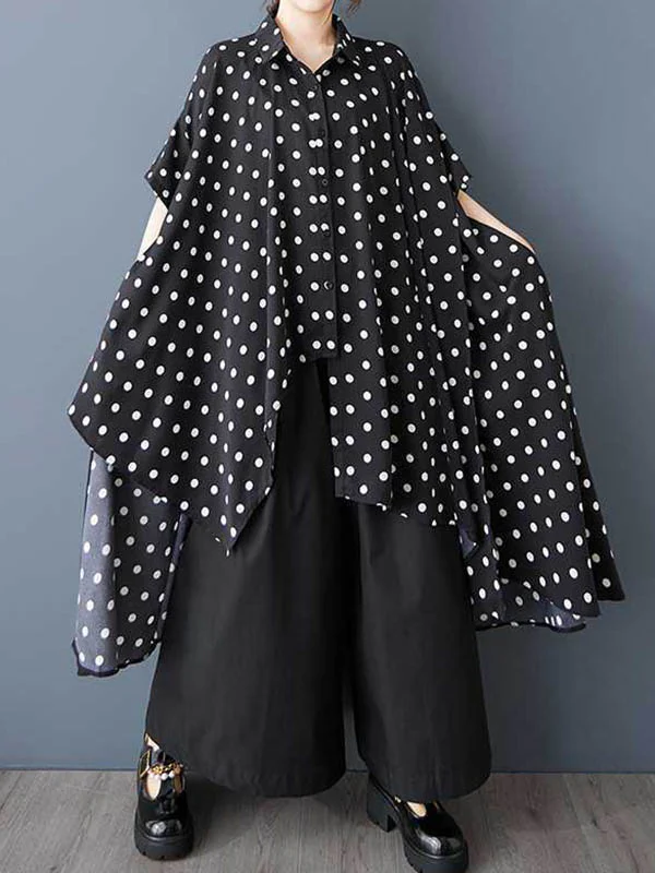 A-Line High-Low Asymmetric Buttoned Polka-Dot Lapel Midi Dresses Shirt Dress - Image 4