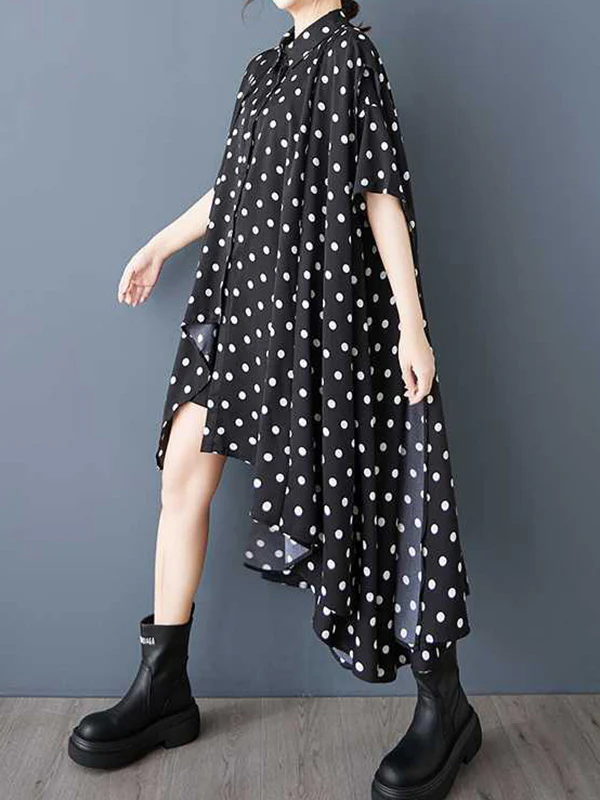 A-Line High-Low Asymmetric Buttoned Polka-Dot Lapel Midi Dresses Shirt Dress - Image 5