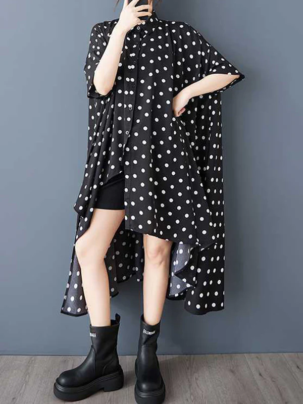 A-Line High-Low Asymmetric Buttoned Polka-Dot Lapel Midi Dresses Shirt Dress - Image 6