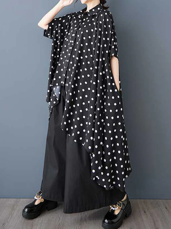 A-Line High-Low Asymmetric Buttoned Polka-Dot Lapel Midi Dresses Shirt Dress - Image 7