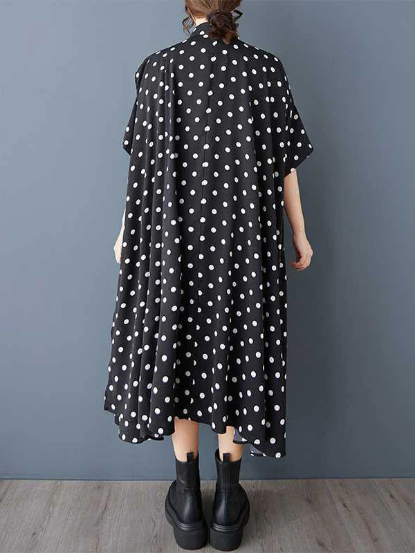 A-Line High-Low Asymmetric Buttoned Polka-Dot Lapel Midi Dresses Shirt Dress - Image 8