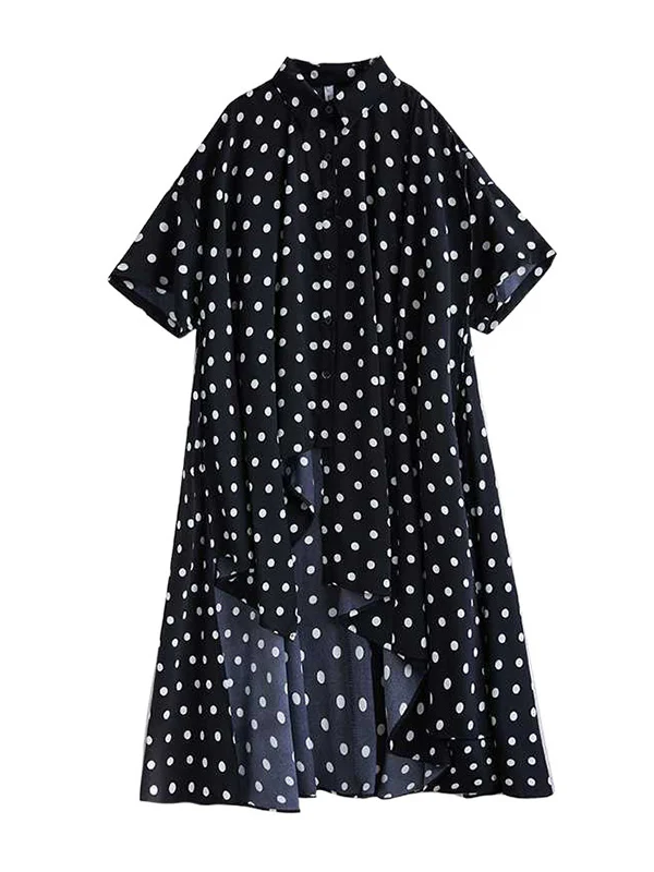 A-Line High-Low Asymmetric Buttoned Polka-Dot Lapel Midi Dresses Shirt Dress - Image 9
