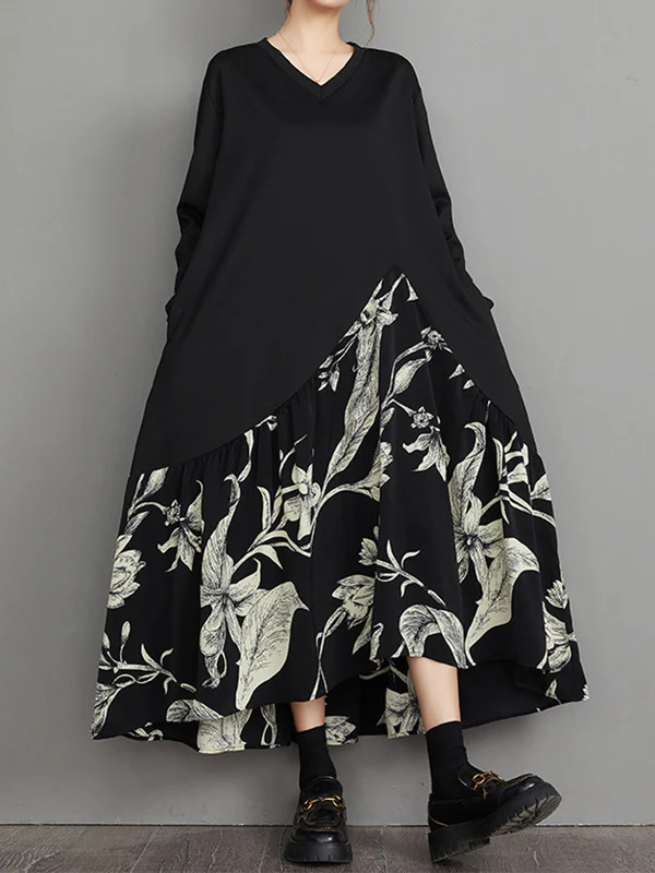A-Line High-Low Asymmetric Flower Print Split-Joint V-Neck Midi Dresses - Image 2