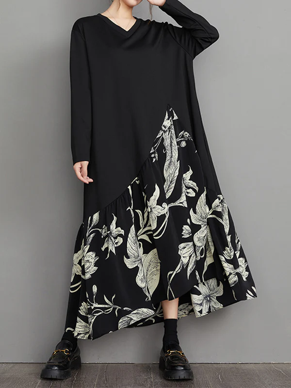 A-Line High-Low Asymmetric Flower Print Split-Joint V-Neck Midi Dresses - Image 3