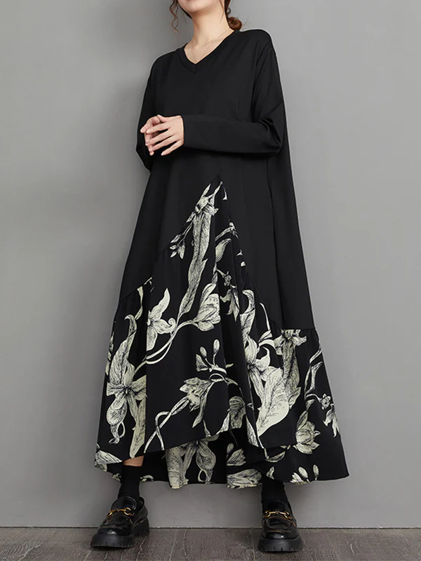 A-Line High-Low Asymmetric Flower Print Split-Joint V-Neck Midi Dresses - Image 4