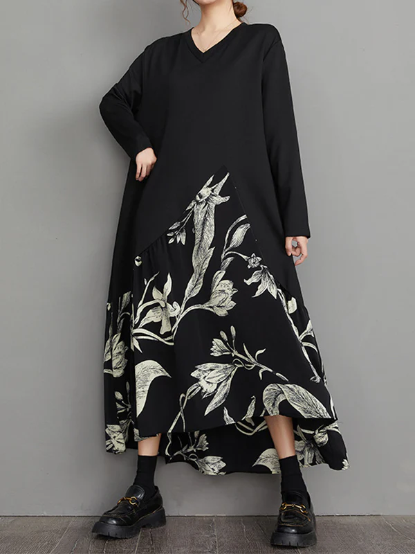 A-Line High-Low Asymmetric Flower Print Split-Joint V-Neck Midi Dresses - Image 5
